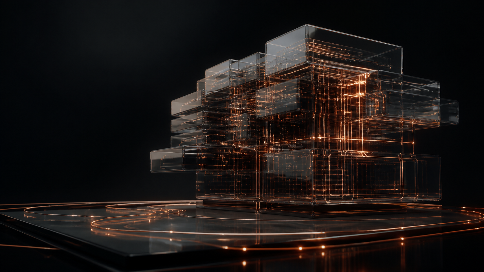Abstract cloud infrastructure of layered glass and copper light.