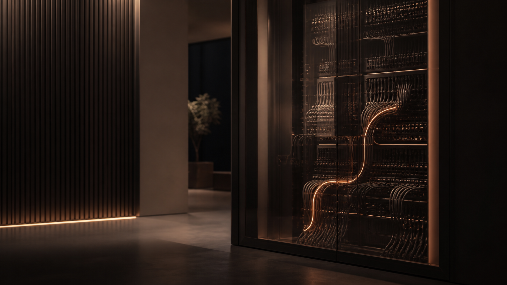 Secure fibre connections in a dark architectural space.